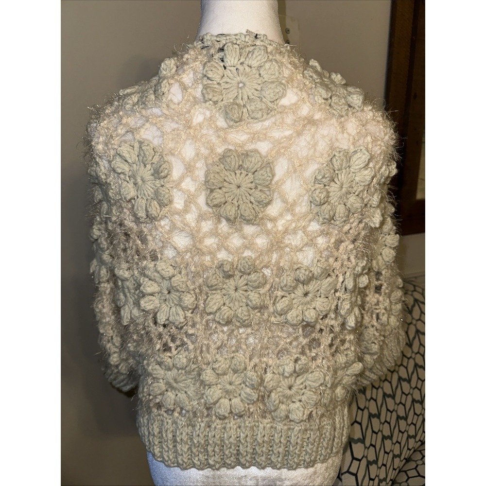 Rebecca Elliot Knitted Cardigan Crochet Flowers Cream Color Sweater - Picture 4 of 10